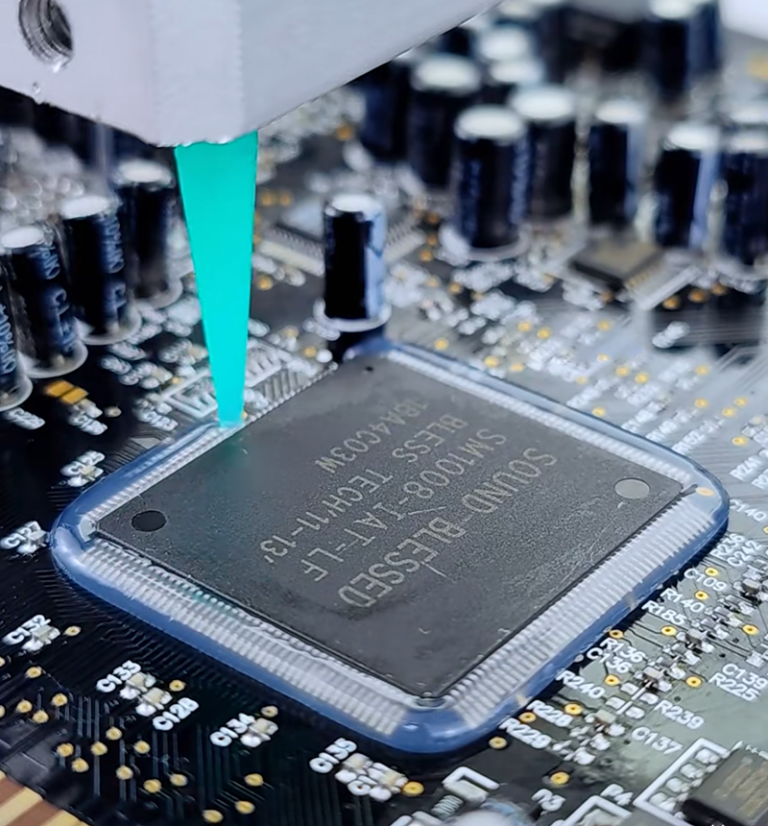 Printable thermal compound dispensed around an electronic chip