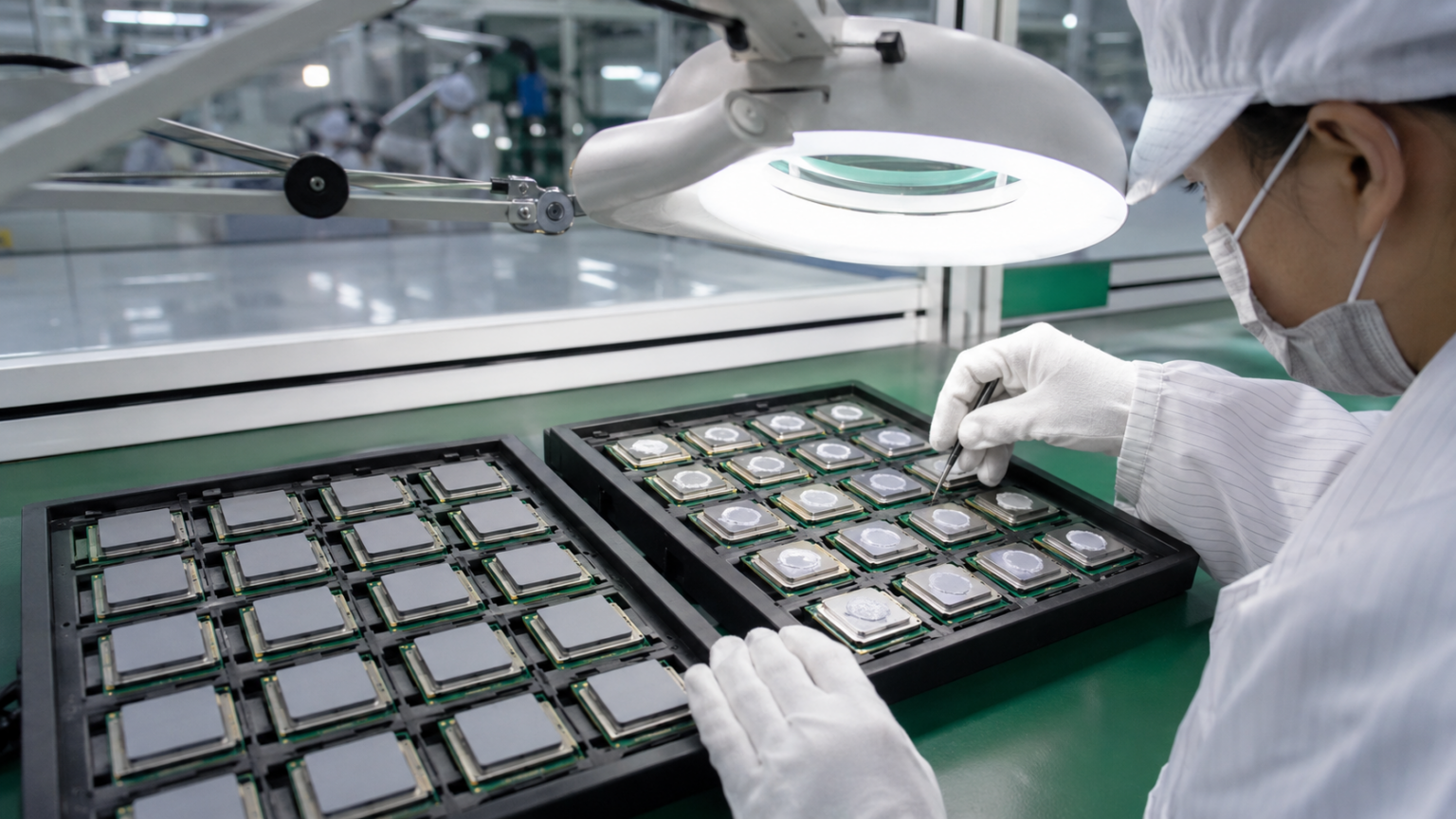 Cleanroom technician inspecting repeated die-cut thermal interface placement