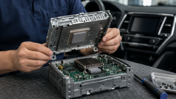 Reinforced interface pad positioned beneath an automotive electronics shield