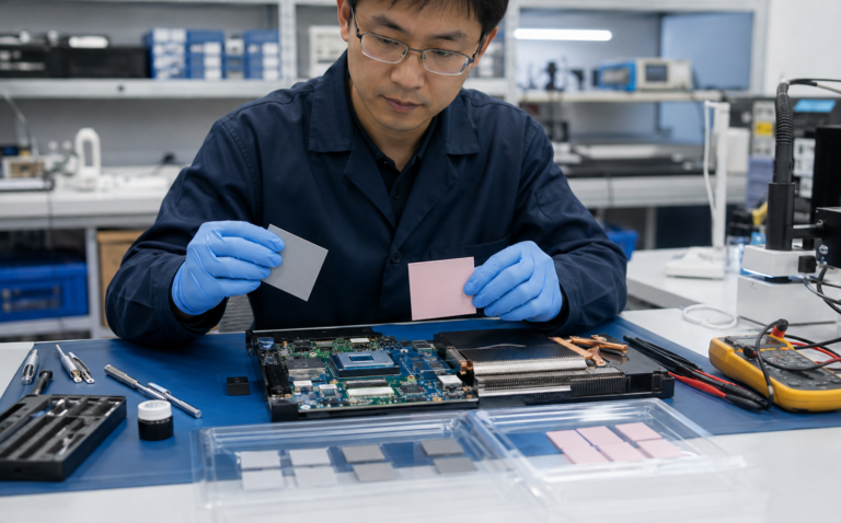 Phase change thermal pad softening and wetting an electronic interface