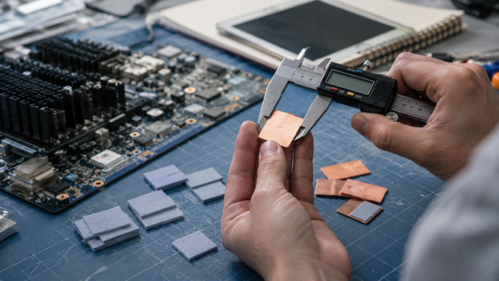 Engineer comparing thermal pad materials and dimensions for an electronics assembly