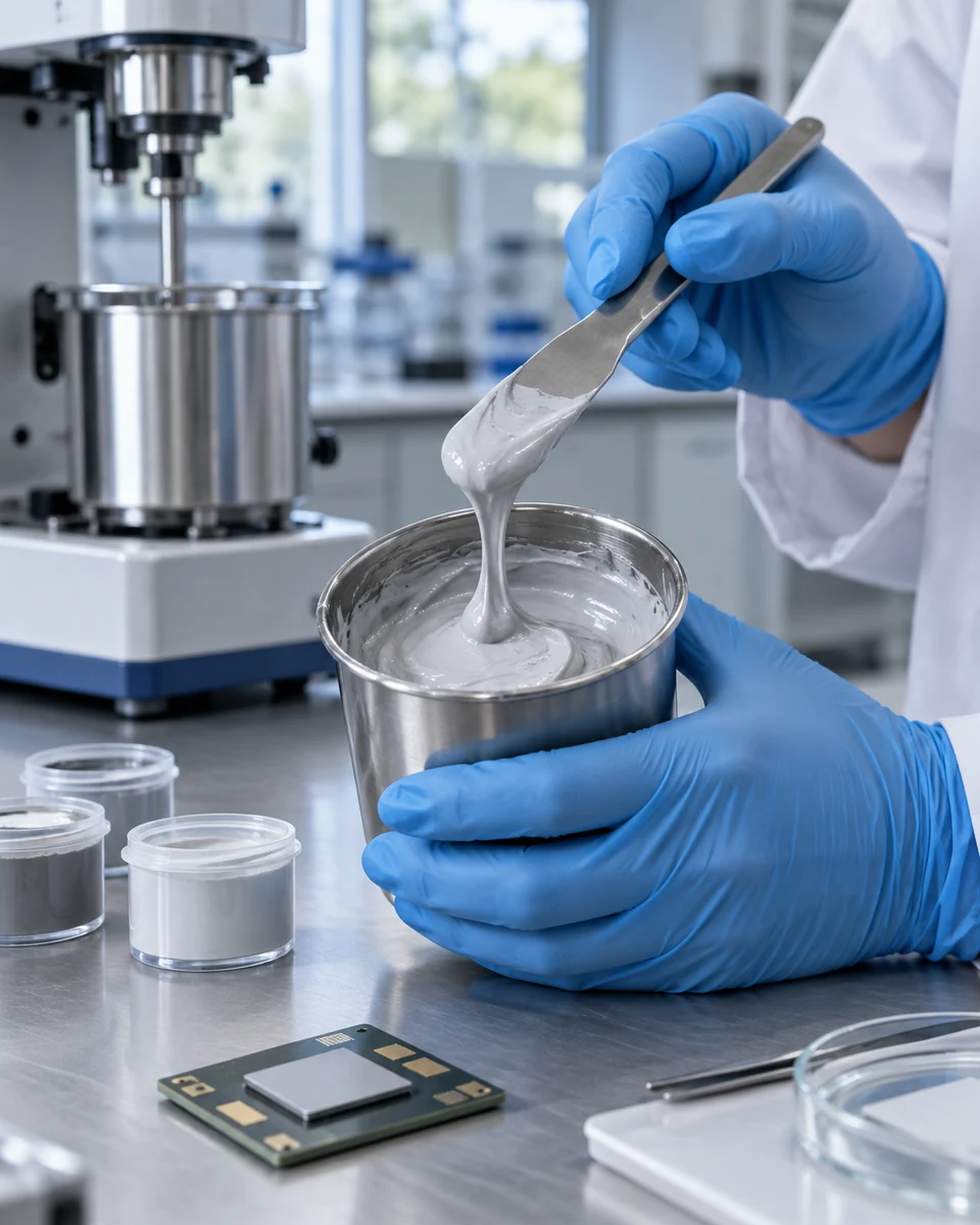 Illustrative materials laboratory scene showing a filled polymer paste being prepared for formulation evaluation