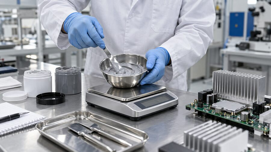 Technician weighing thermal compound samples beside electronics and a heat sink