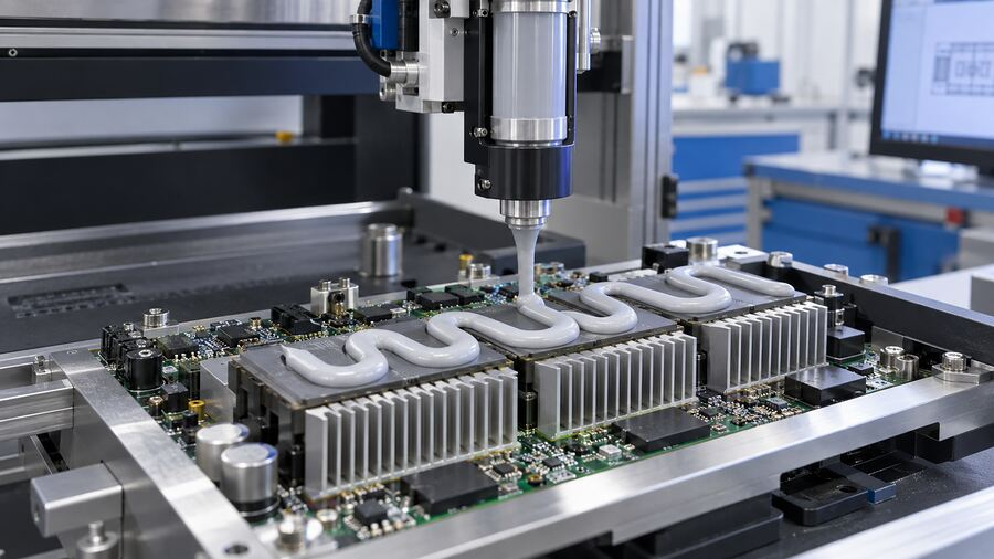 Automated thermal material dispensing station over an electronics assembly
