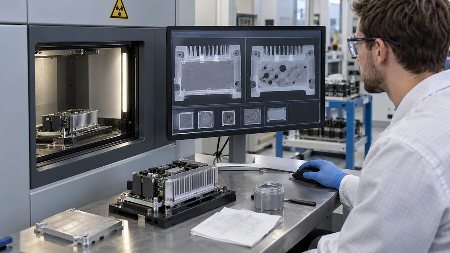 Technician reviewing electronics inspection results in a laboratory