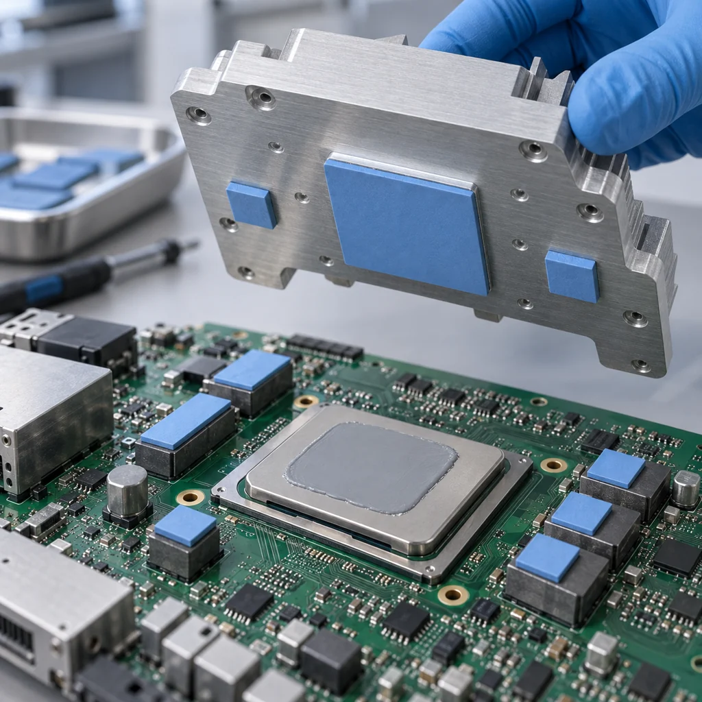 Illustrative electronic cooling assembly with thermal compound, blue gap pads and a raised aluminum cooling plate