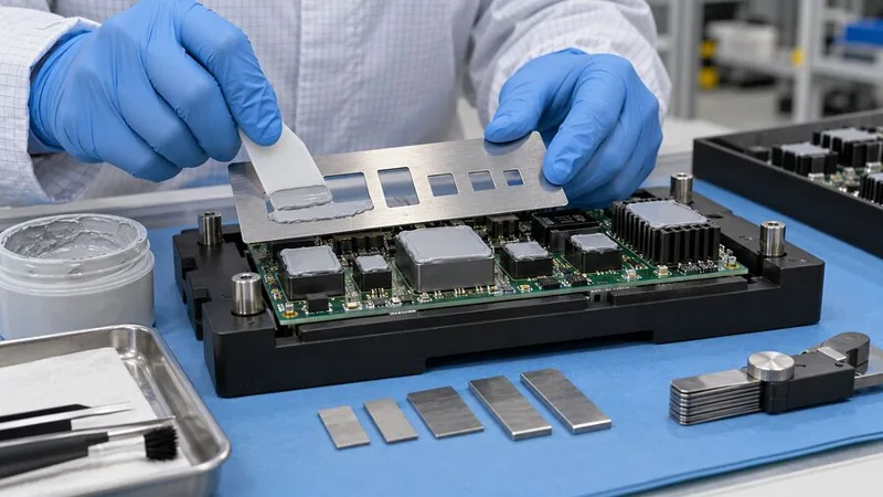 Thermal compound applied through a stencil onto electronic interfaces